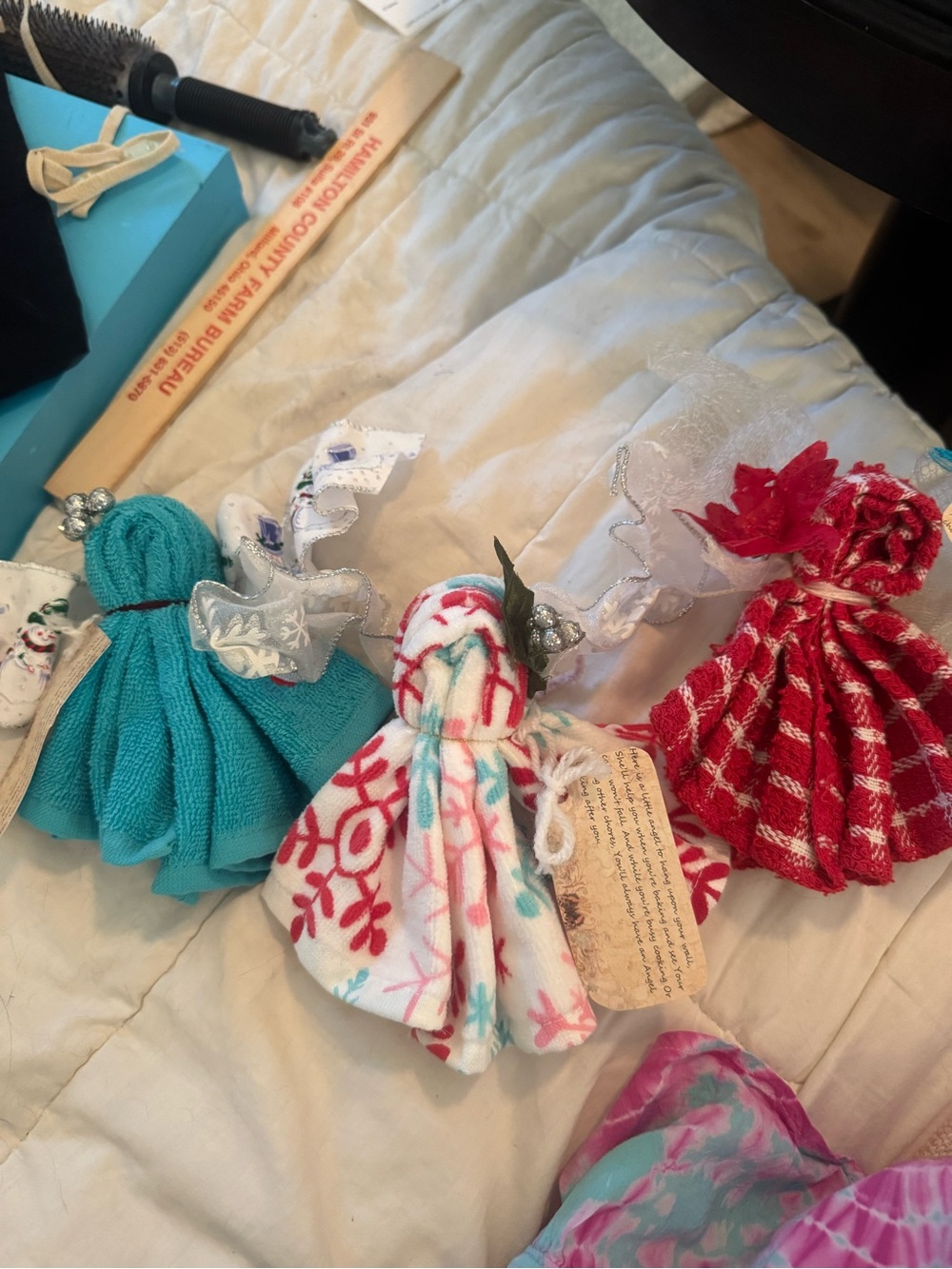 Handmade Holiday Cloth Doll Ornaments - Teal, Red, White